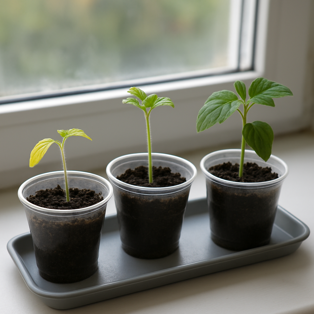 Три варианта состояния рассады на подоконнике